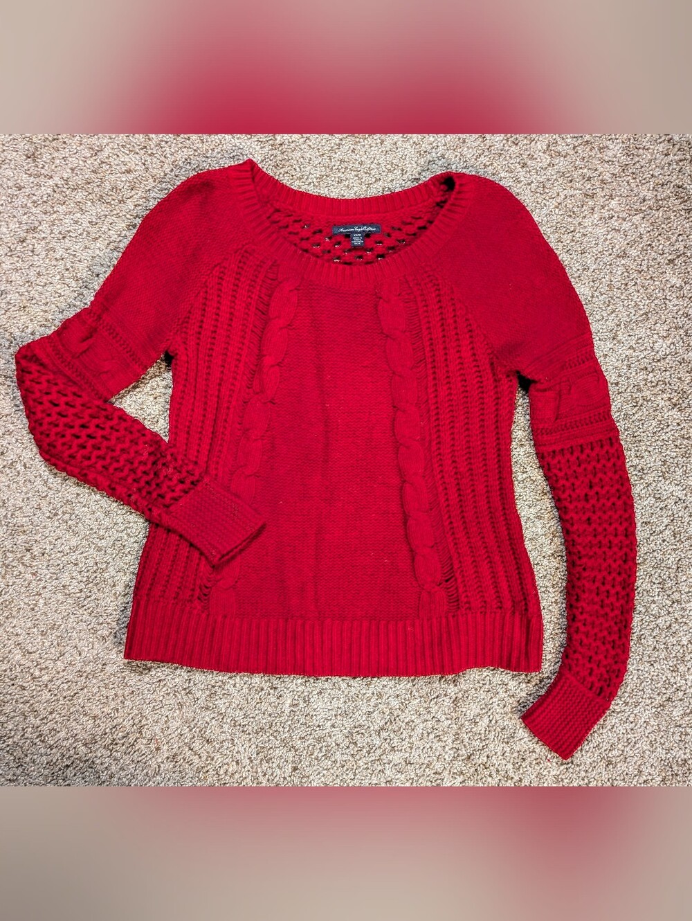 American Eagle Outfitters cable-knit scoop-neck sweater featuring open-weave cro